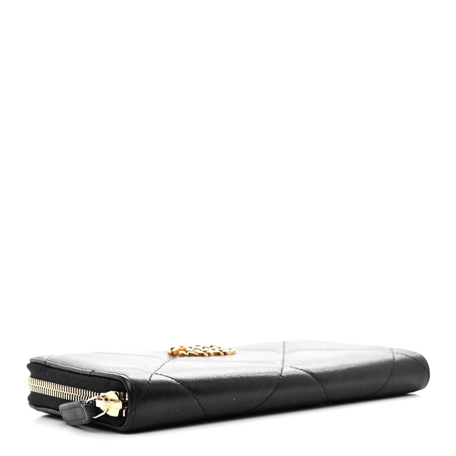 Chanel Shiny Goatskin Quilted Chanel 19 Long Zipped Around Wallet Black