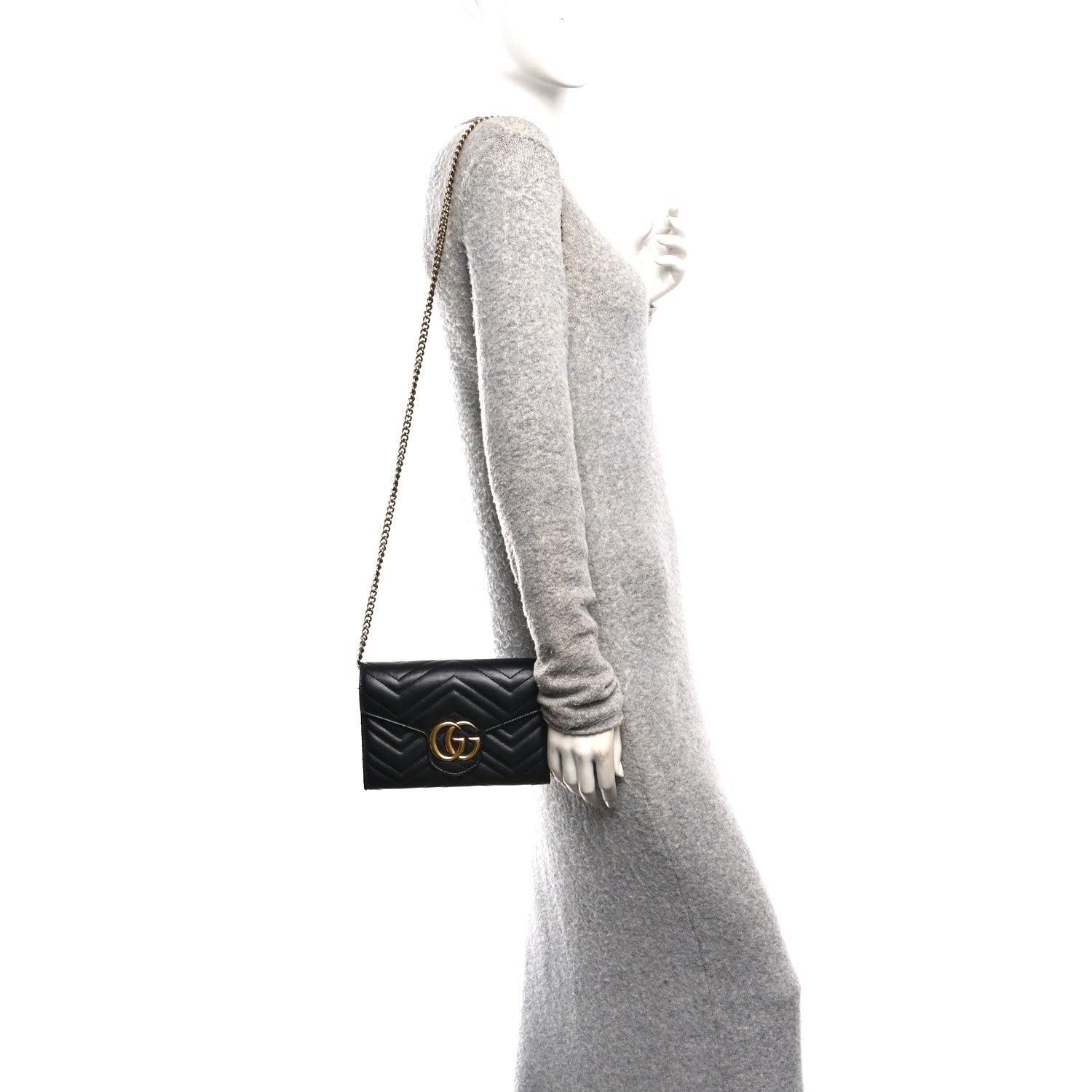 Gucci Calfskin Matelasse GG Marmont Chain Wallet Black