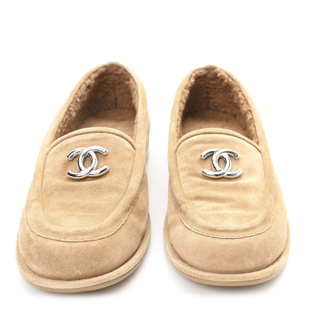 Chanel Suede Calfskin CC Loafers 37.5 Dark Beige
