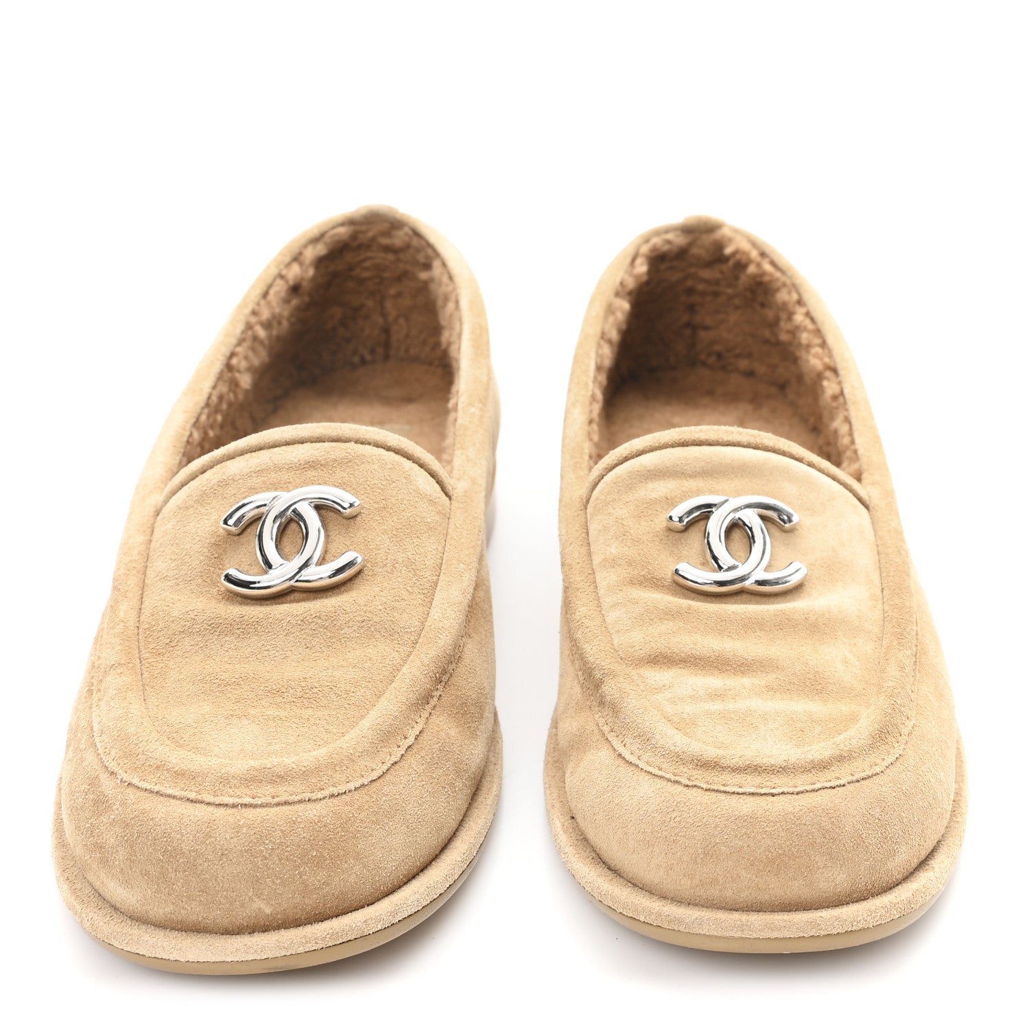 Chanel Suede Calfskin CC Loafers 37.5 Dark Beige
