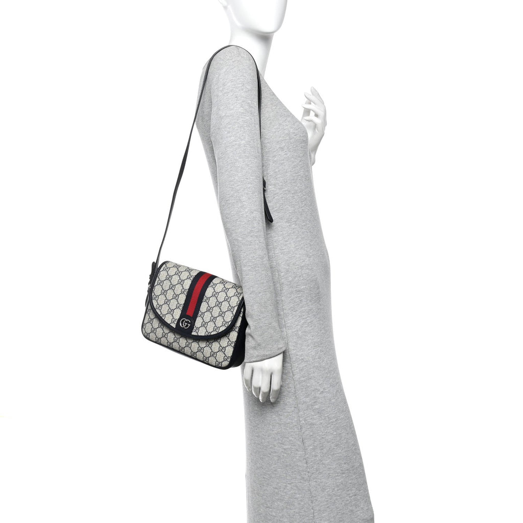 Gucci GG Supreme Monogram Textured Dollar Calfskin Web Studded Mini Ophidia Flap Shoulder Bag Beige Blue