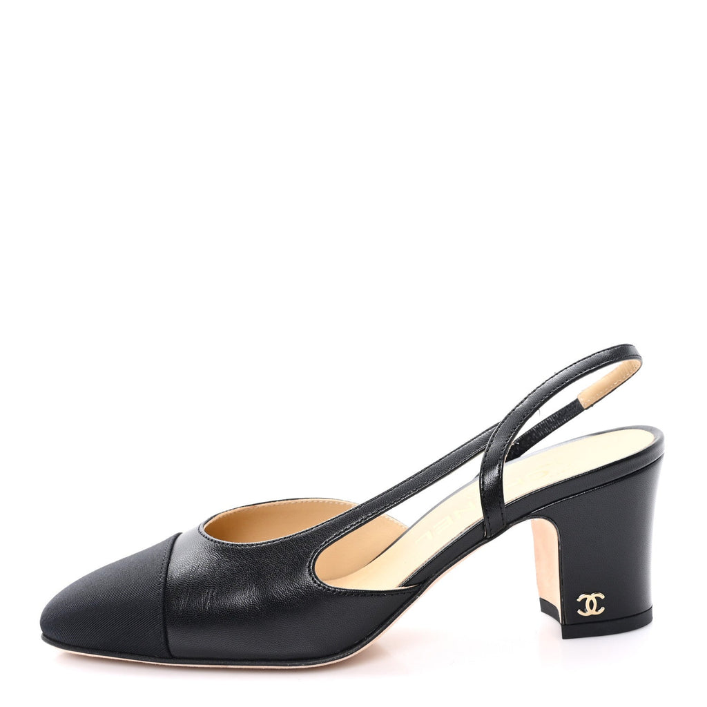 Goatskin Grosgrain Cap Toe CC Slingback Pumps 36 Black