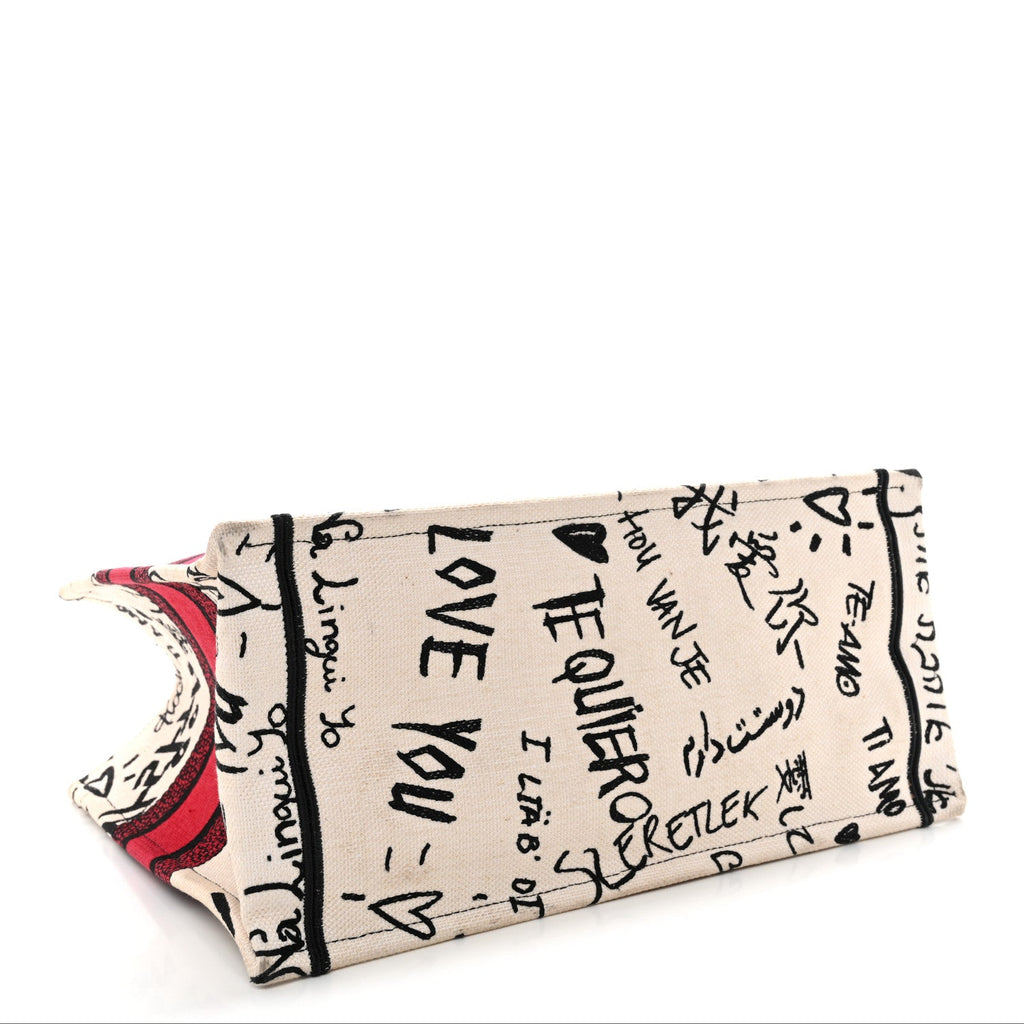 Christian Dior Canvas Embroidered Medium Dioramour Graffiti Book Tote Latte Multicolor