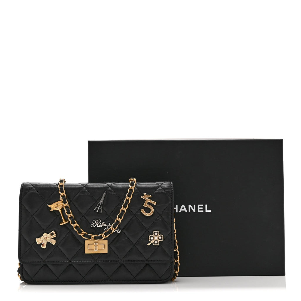Chanel Aged Calfskin Quilted Lucky Charms 2.55 Reissue Wallet On Chain WOC Black