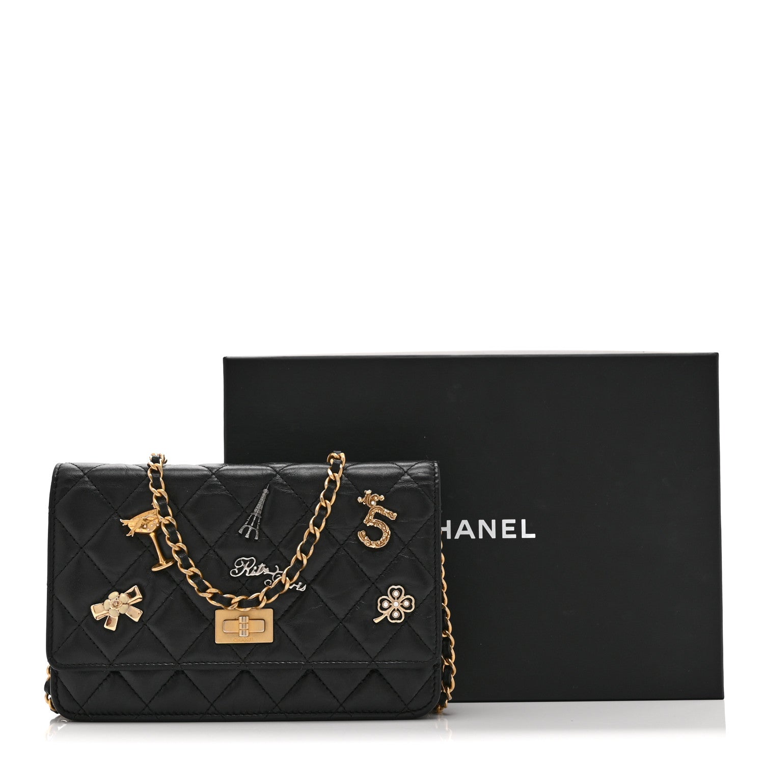 Chanel Aged Calfskin Quilted Lucky Charms 2.55 Reissue Wallet On Chain WOC Black