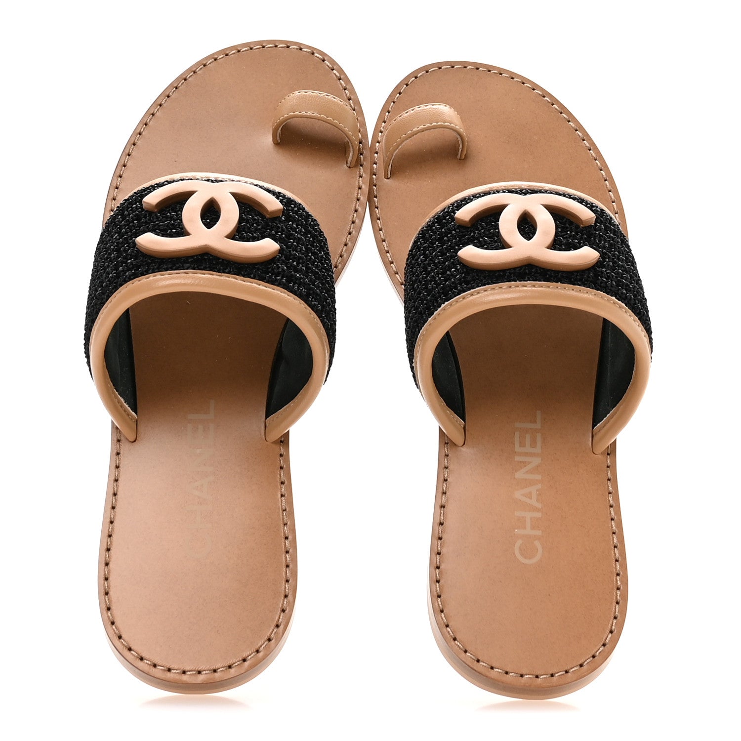 Raffia Lambskin CC Mules 37 Black Beige