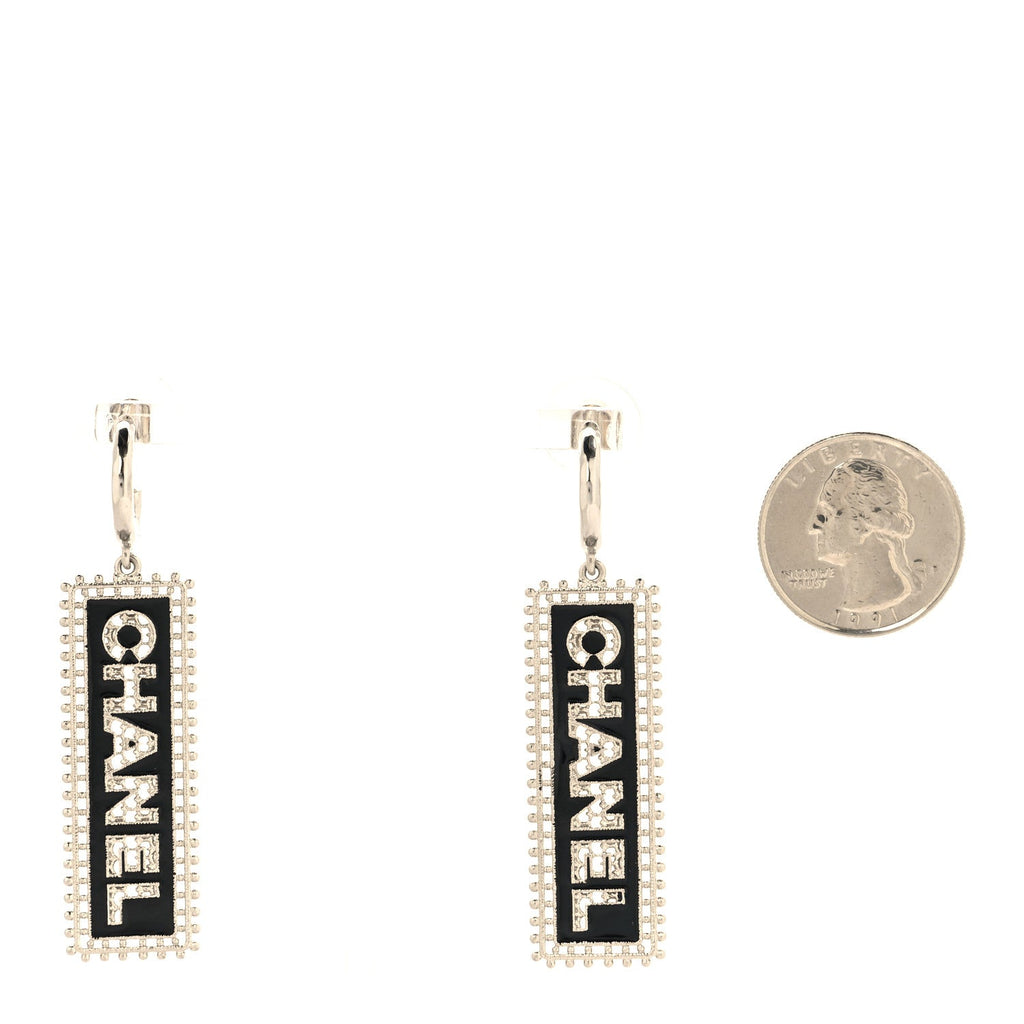 Metal Enamel Logo Drop Earrings Silver Black