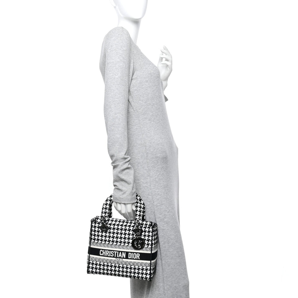 Christian Dior Canvas Houndstooth Embroidered Medium Lady D-Lite Black White