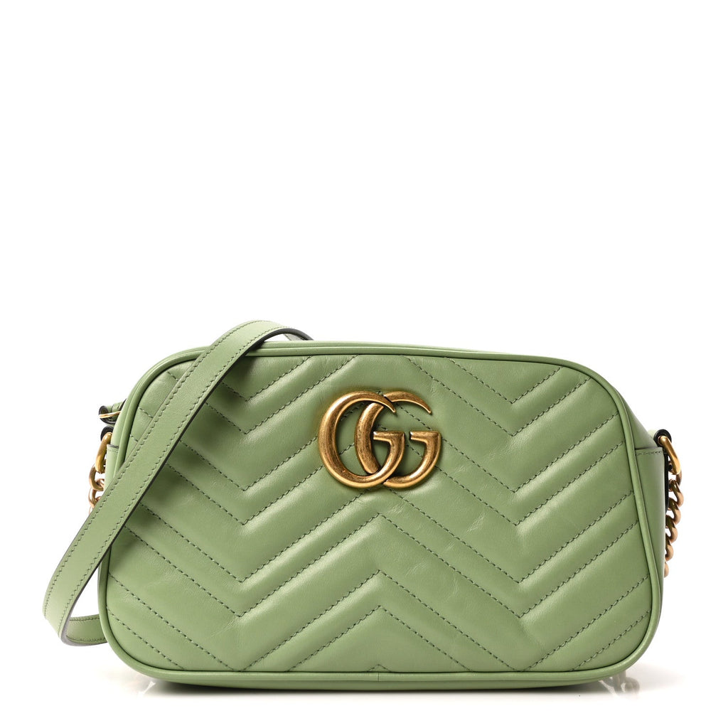 Gucci Calfskin Matelasse Small GG Marmont Chain Shoulder Bag Salamander Green