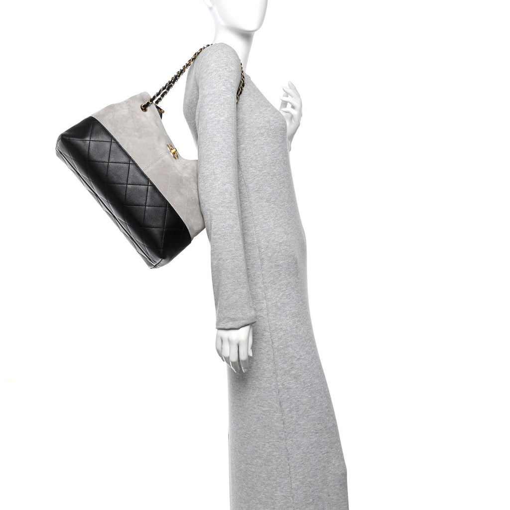 Chanel Suede Calfskin Shiny Lambskin Quilted Small Coco Base Shopping Bag Grey Black