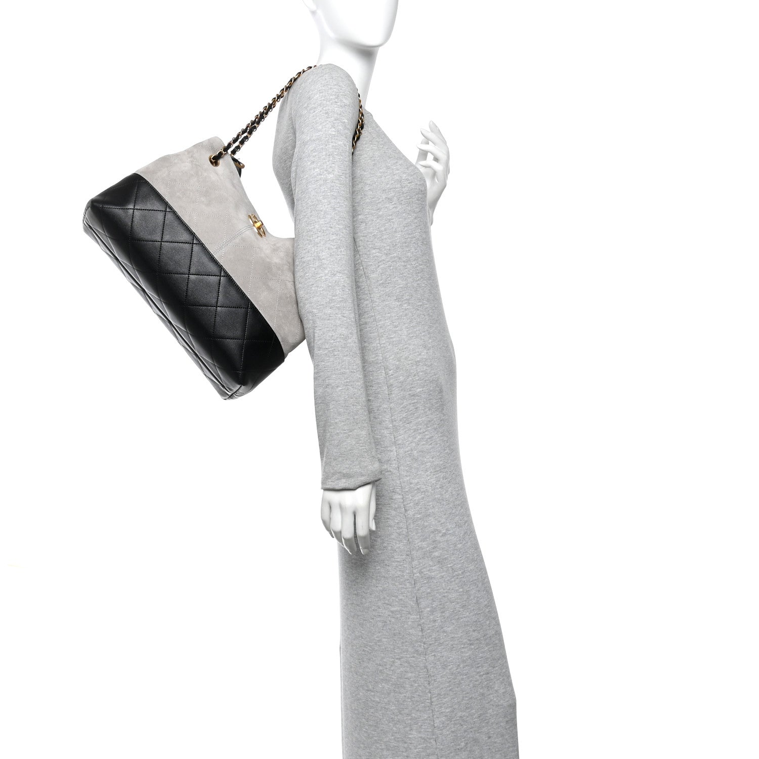 Chanel Suede Calfskin Shiny Lambskin Quilted Small Coco Base Shopping Bag Grey Black