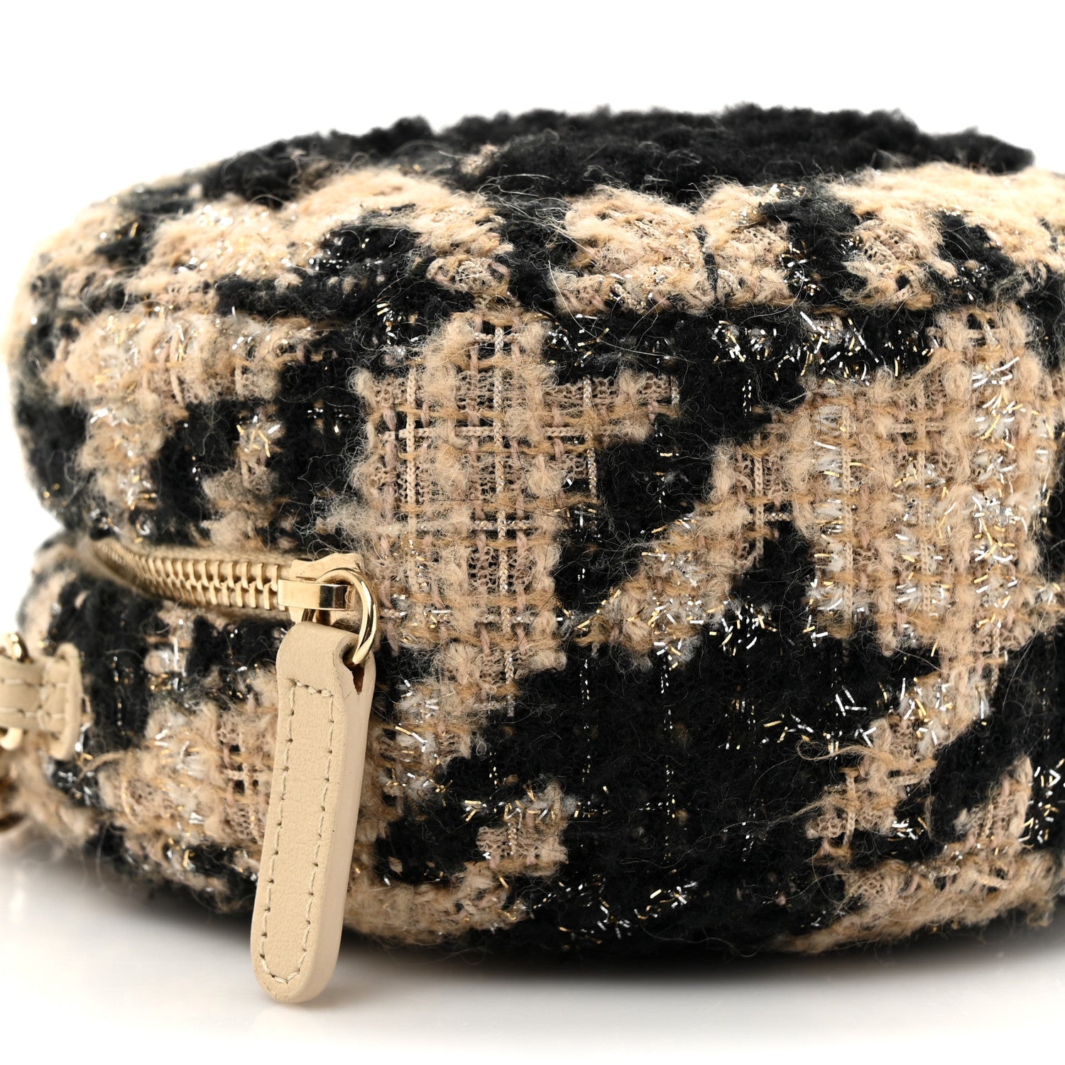 Chanel Tweed Shearling Round Clutch With Chain and Coin Purse Beige Black