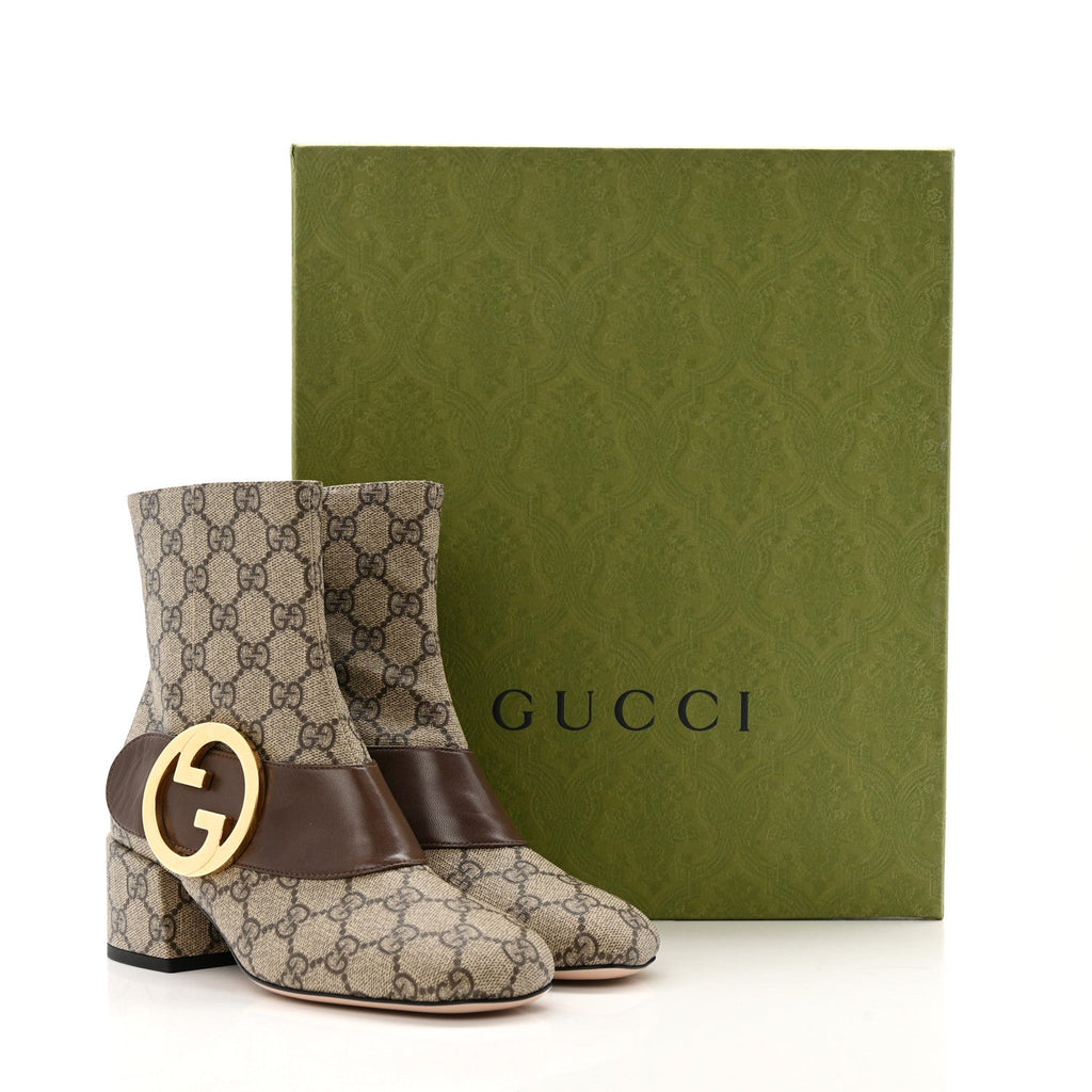 Gucci GG Supreme Monogram Malaga Kid Blondie 55mm Ankle Boots 35 Beige Ebony New Acero
