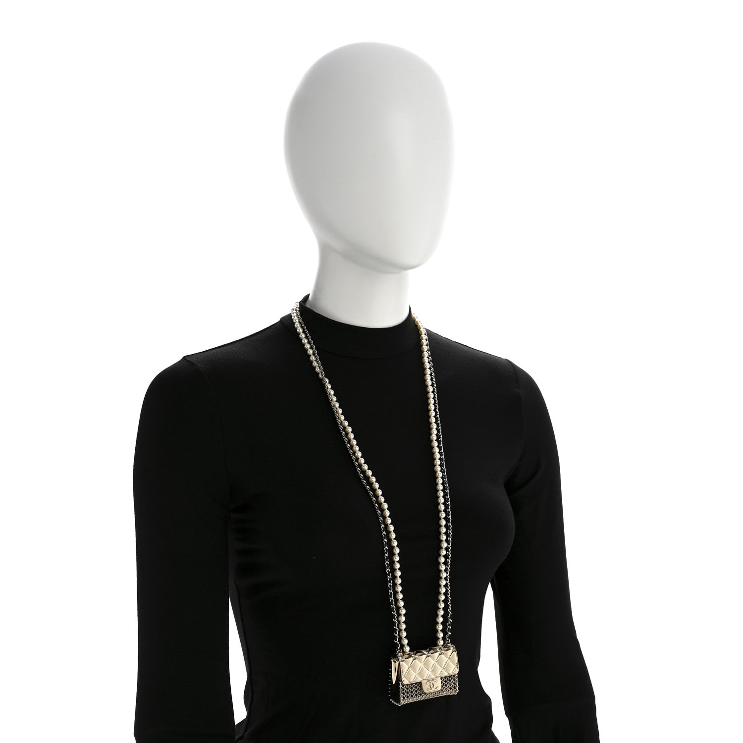 Metal Lambskin Pearl Chain Flap Bag Long Necklace Gold Black Pearly White