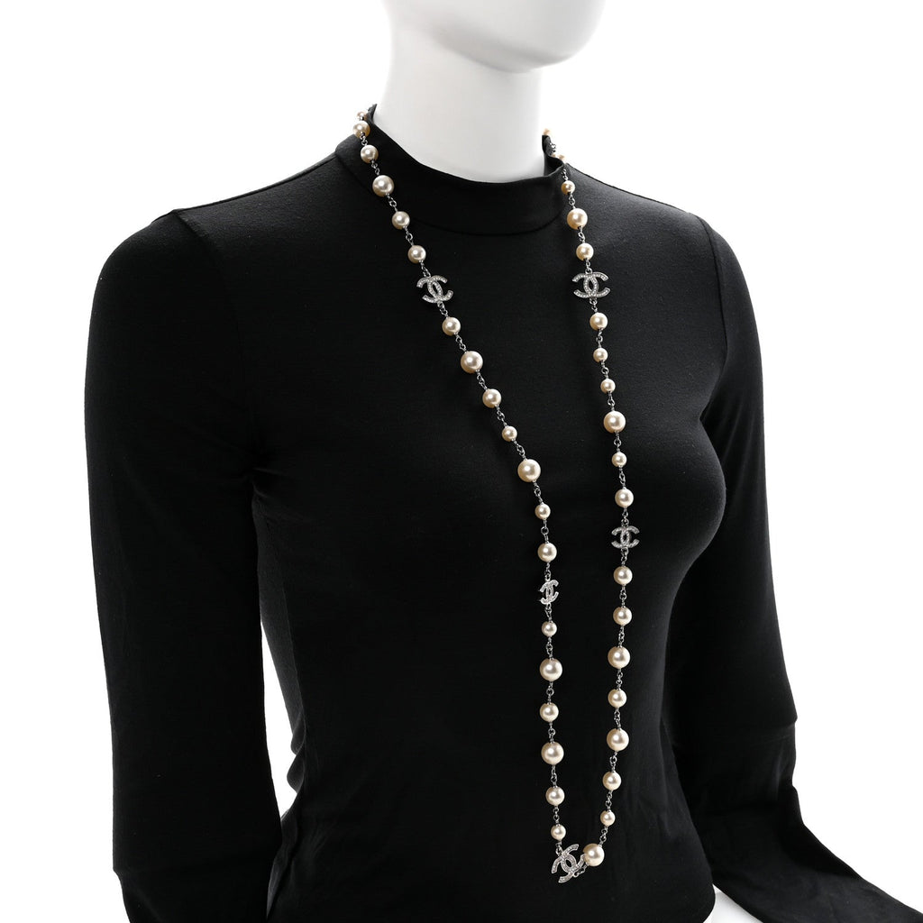 Graduated Pearl Crystal CC Long Necklace Silver