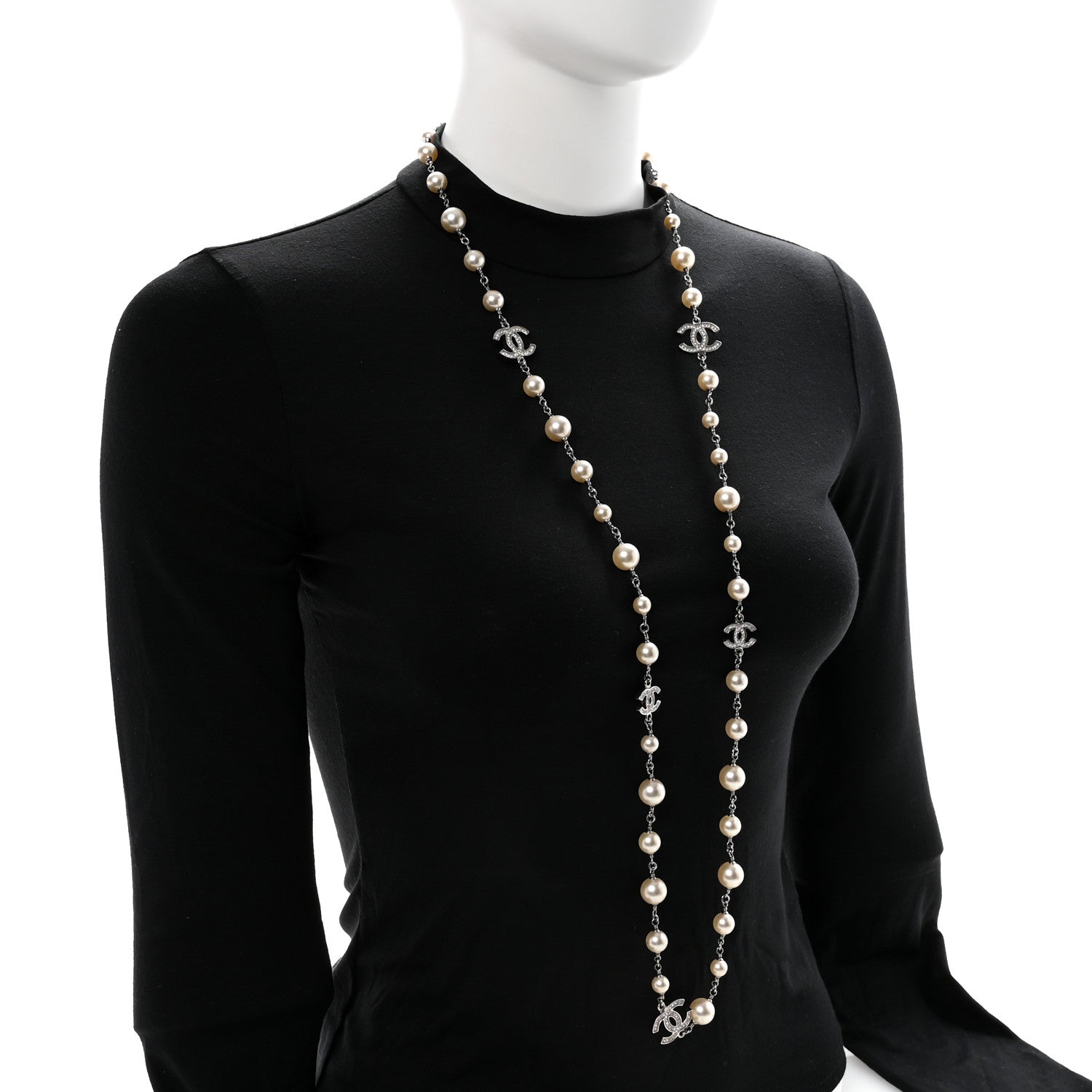 Graduated Pearl Crystal CC Long Necklace Silver