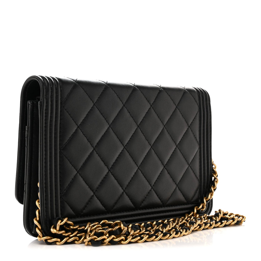 Chanel Lambskin Quilted Boy Wallet On Chain WOC Black