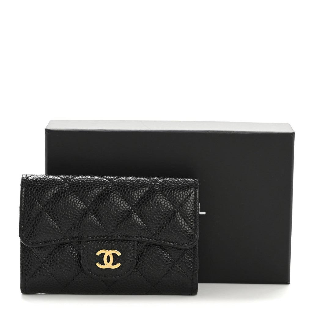 Caviar Quilted Flap Card Holder Wallet Black