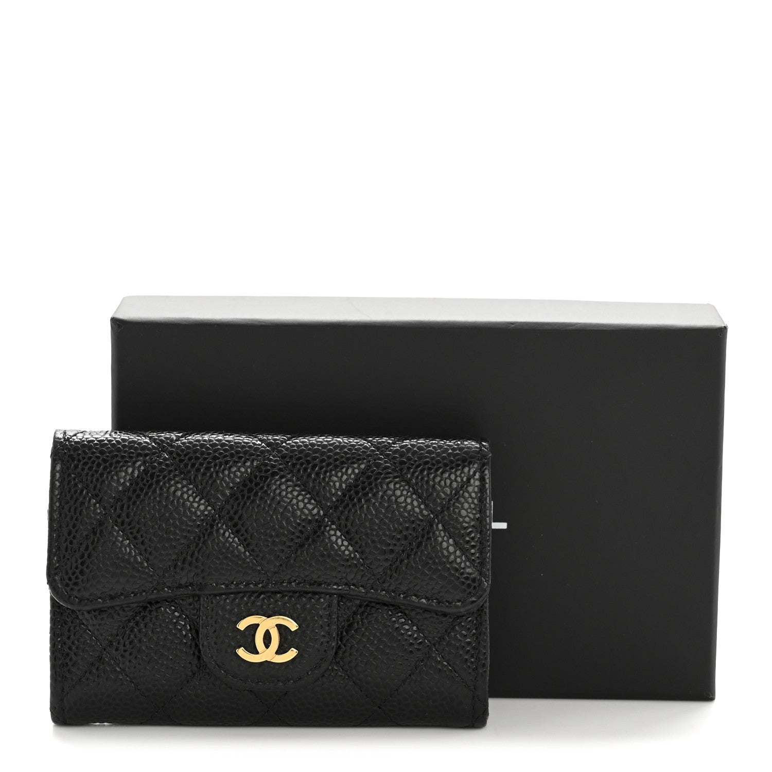 Caviar Quilted Flap Card Holder Wallet Black