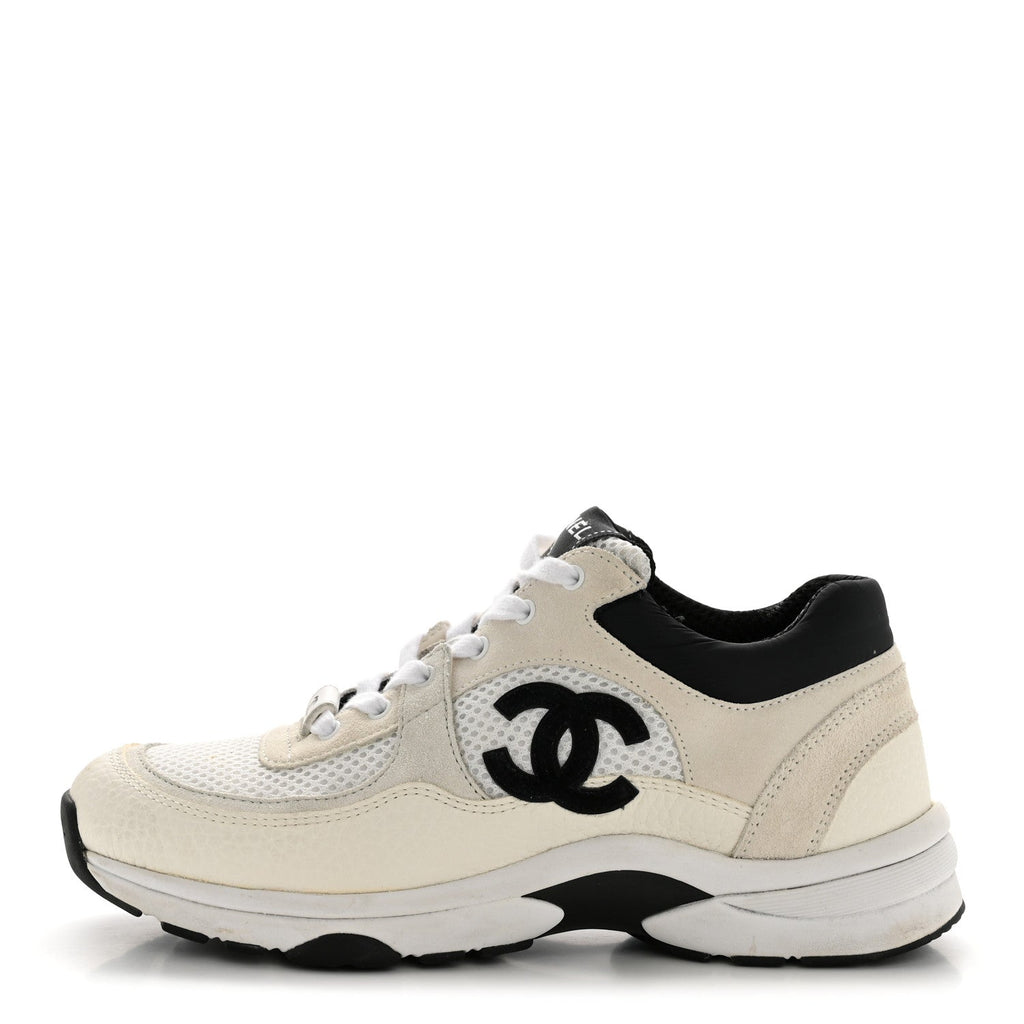 Mesh Suede Grained Calfskin Womens CC Sneakers 36.5 White Black