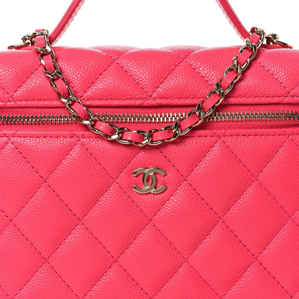 Chanel Caviar Quilted Top Handle Slim Vanity With Chain Fuchsia