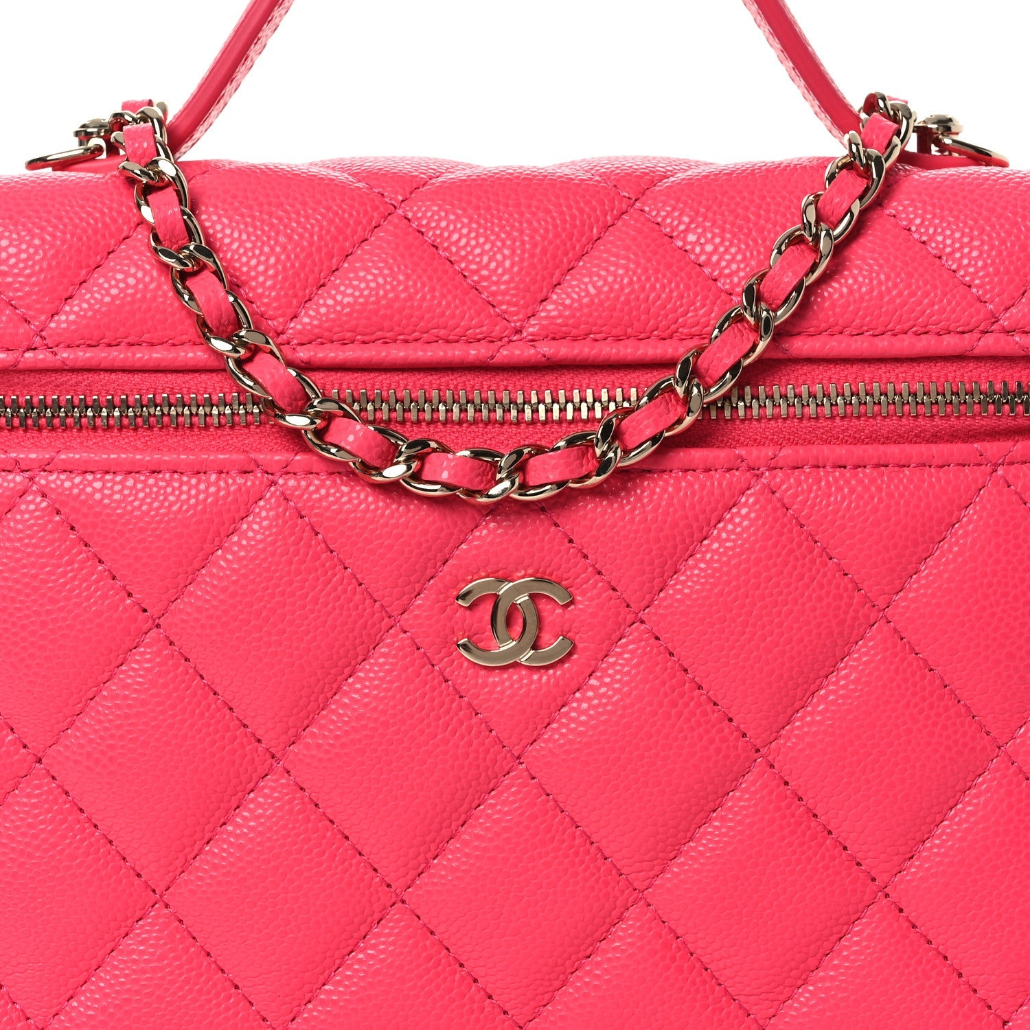 Chanel Caviar Quilted Top Handle Slim Vanity With Chain Fuchsia