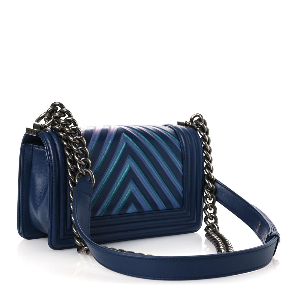 Calfskin Painted Chevron Embossed Small Boy Flap Dark Blue