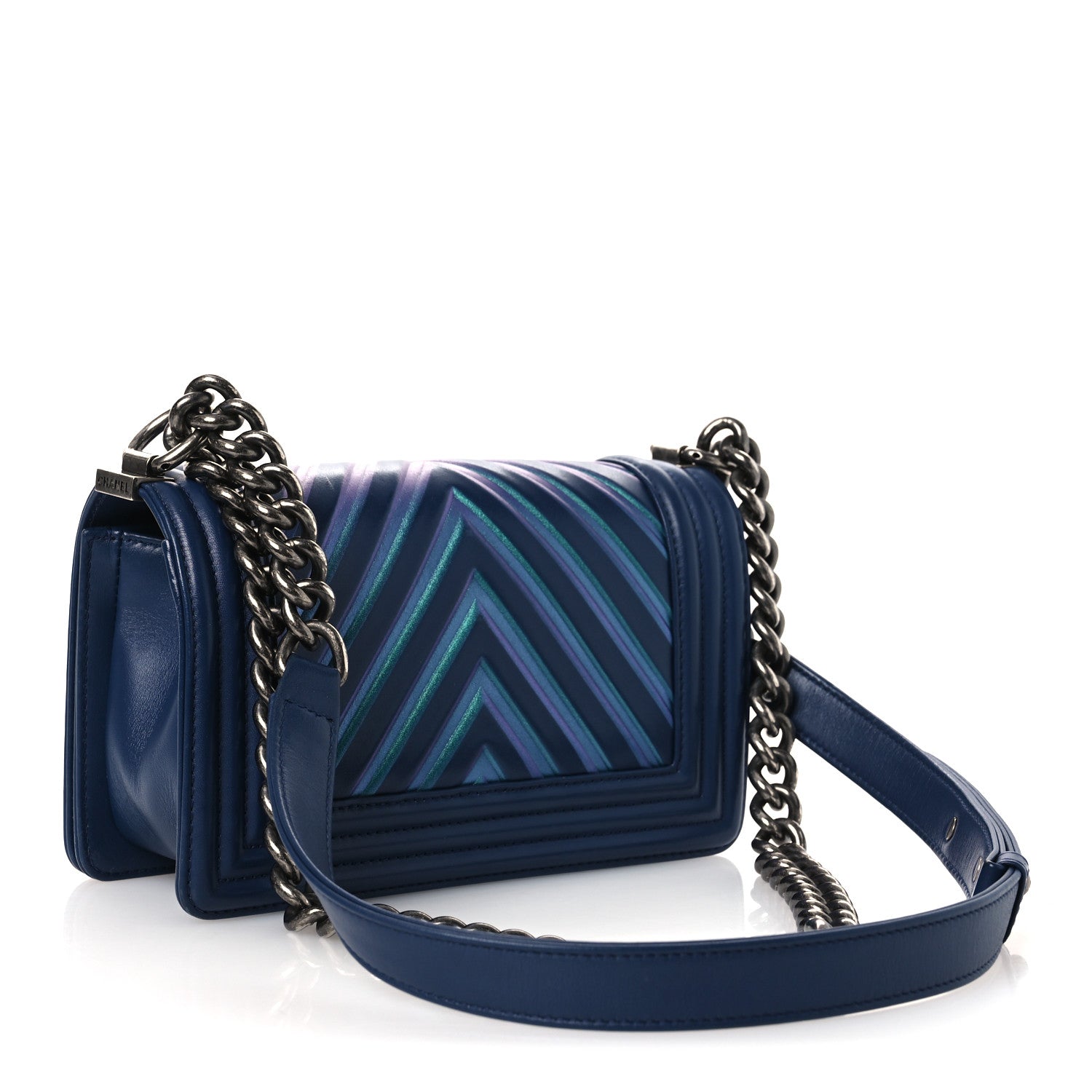 Calfskin Painted Chevron Embossed Small Boy Flap Dark Blue