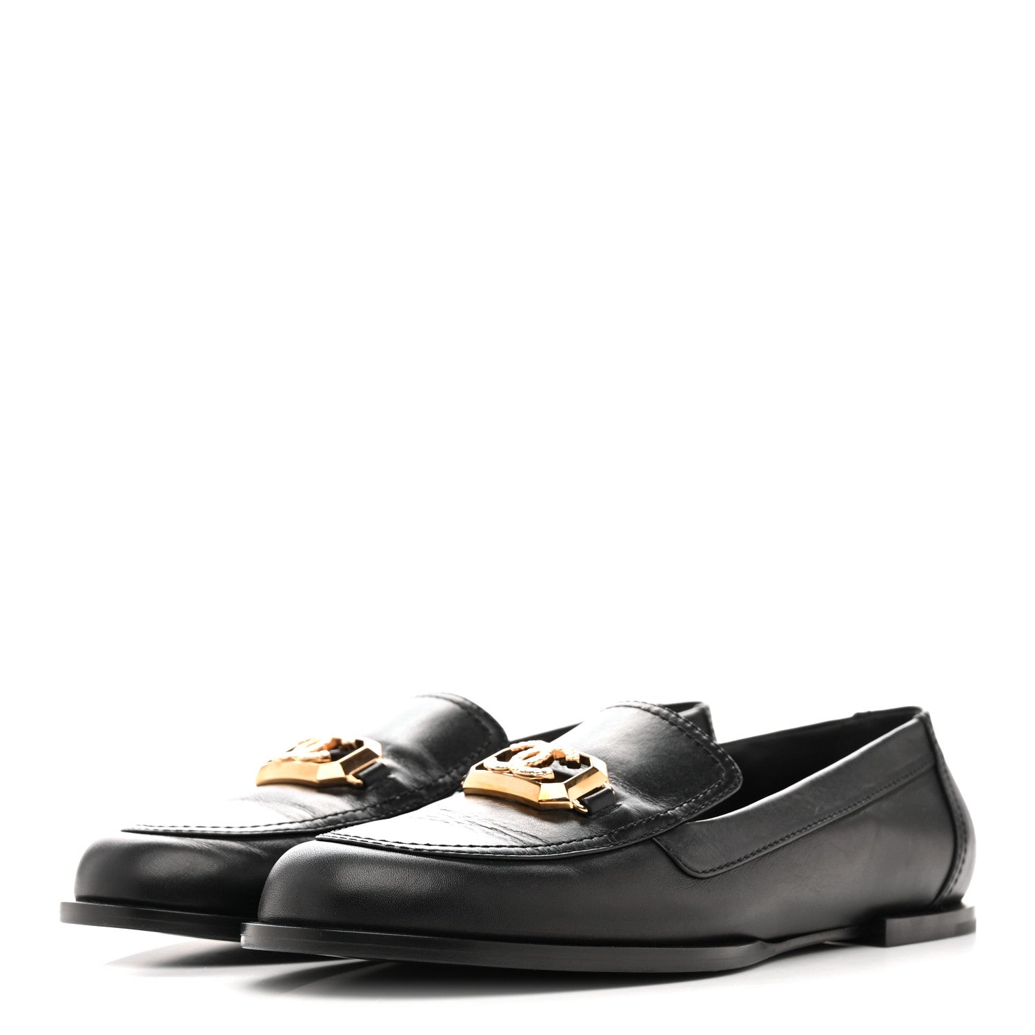 Chanel Shiny Calfskin Metal CC Mocassin Loafers 38.5 Black