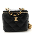 Chanel Lambskin Quilted Mini Pearl Crush Vanity Case With Chain Black
