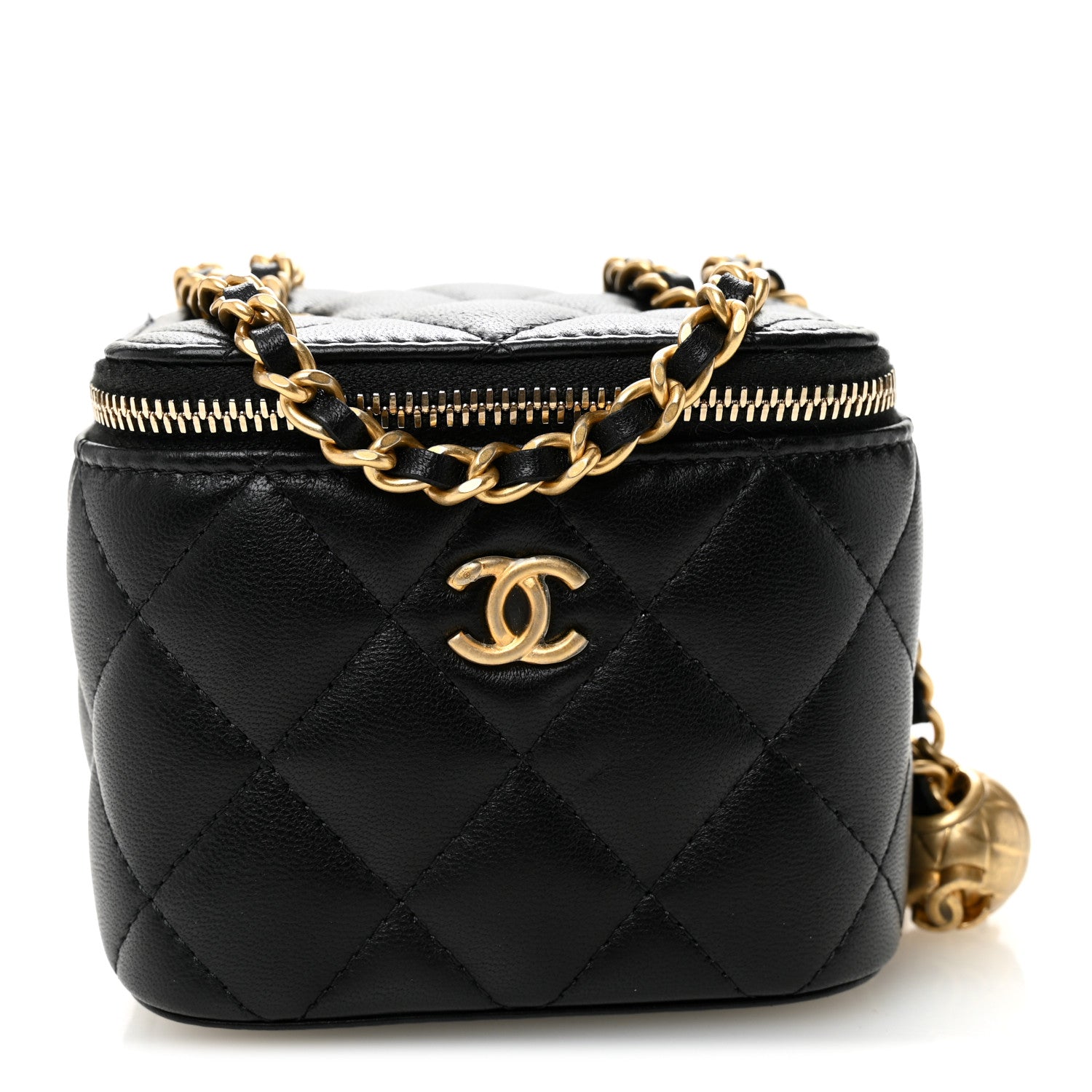 Chanel Lambskin Quilted Mini Pearl Crush Vanity Case With Chain Black