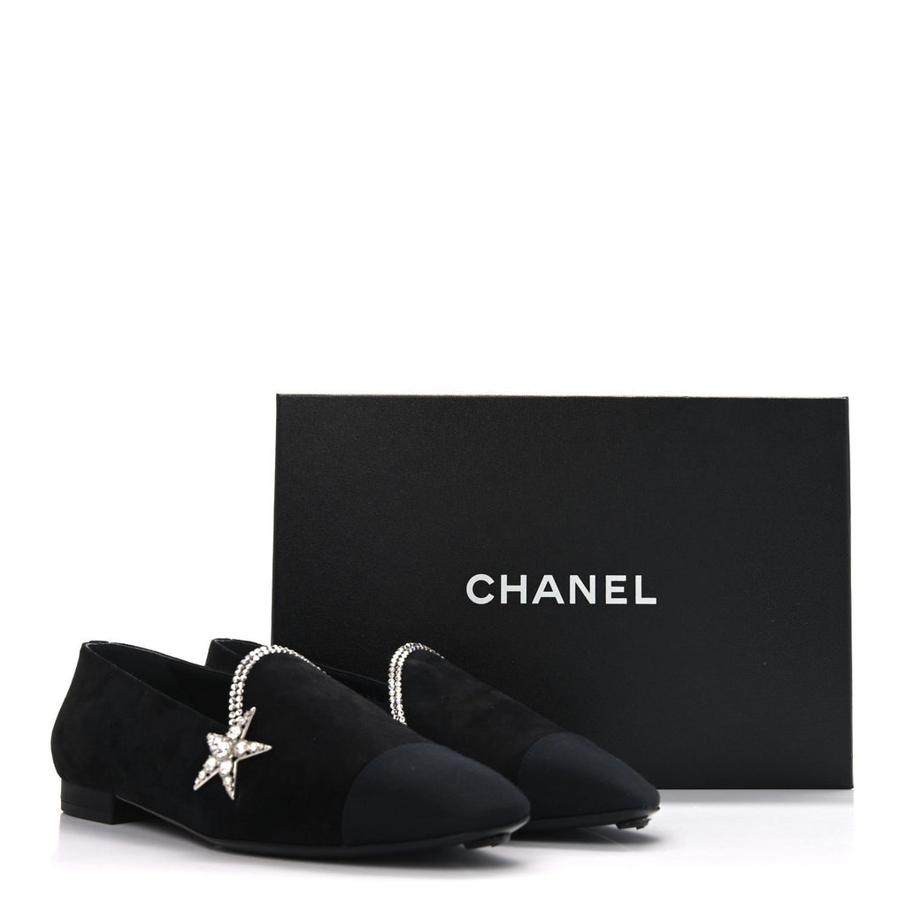 Chanel Suede Calfskin Grosgrain Crystal Star Mocassin Loafers 38 Black