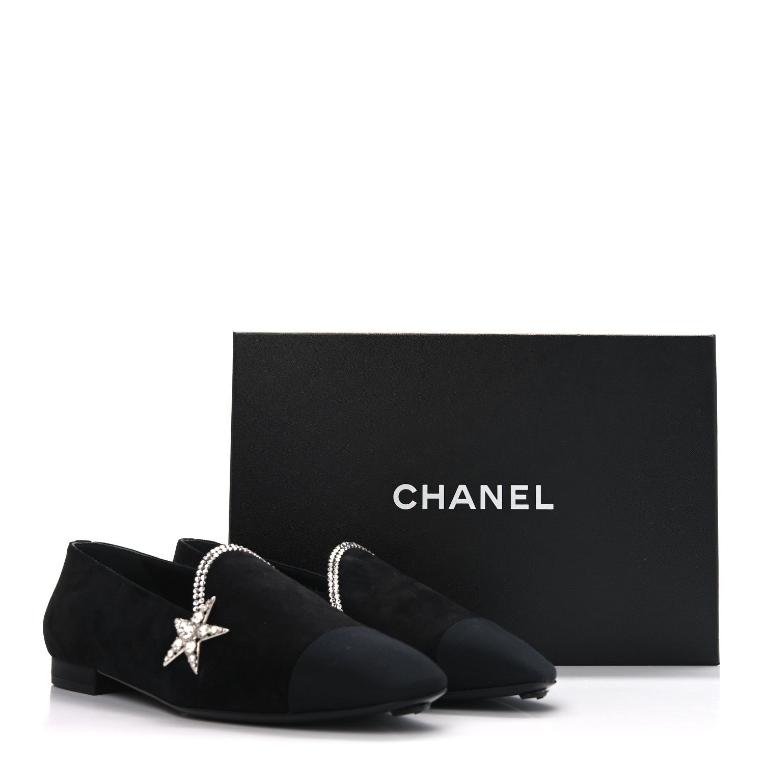 Chanel Suede Calfskin Grosgrain Crystal Star Mocassin Loafers 38 Black