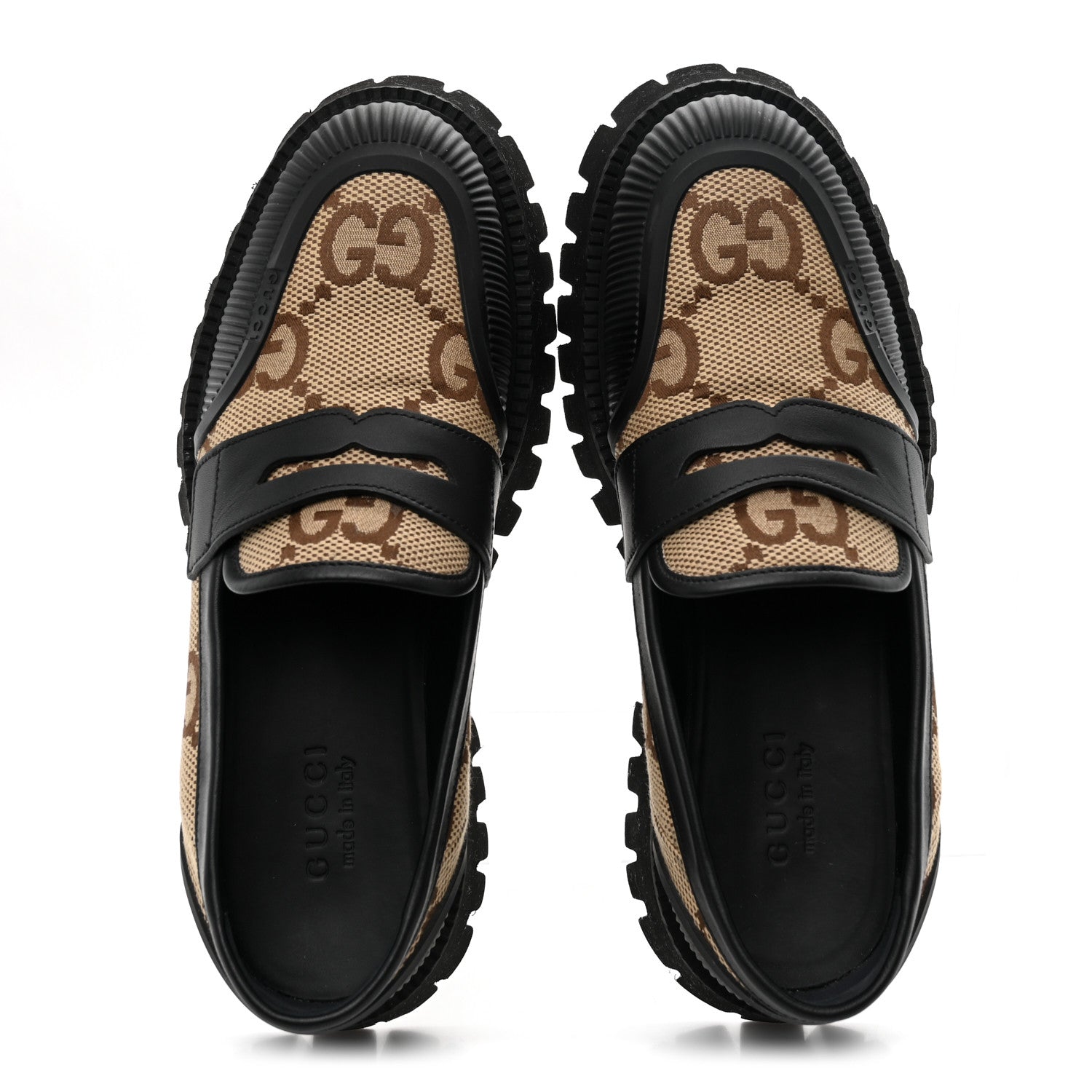 Gucci Monogram Jumbo GG Miro Soft Calfskin Mens Lug Sole Loafers 8.5 Camel Ebony Black