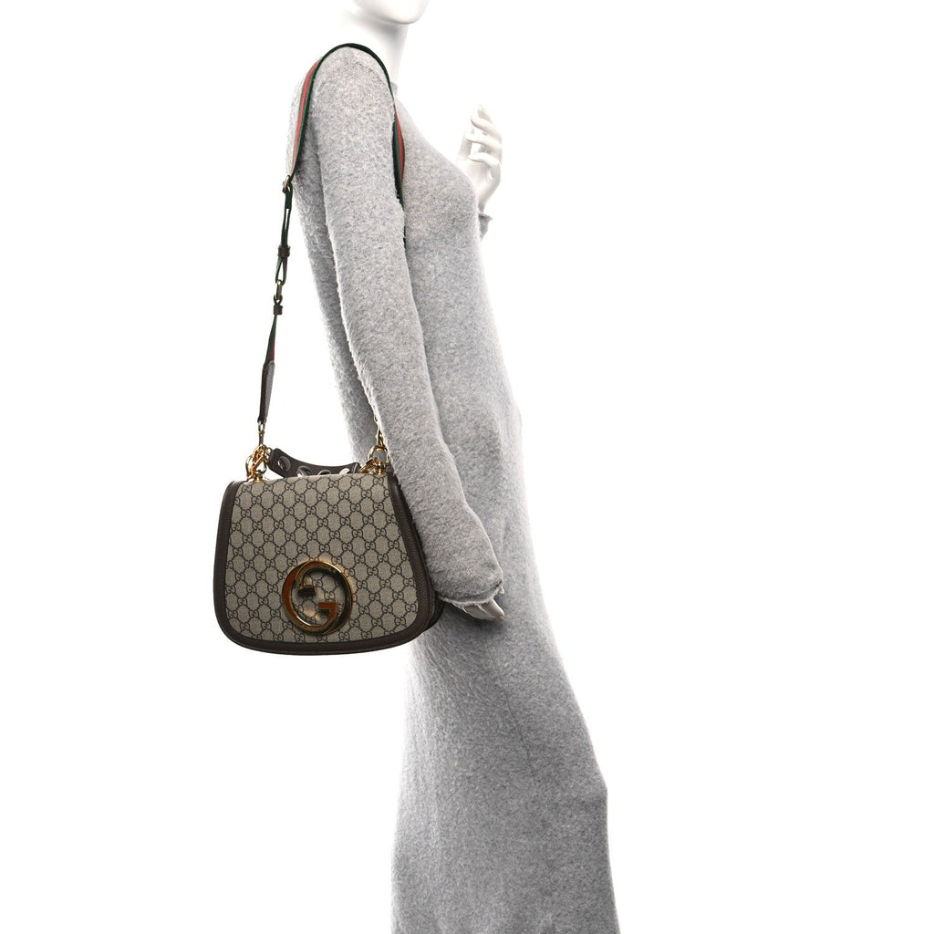 Gucci GG Supreme Monogram Textured Dollar Calfskin Web Medium Blondie Shoulder Flap Bag Beige Ebony New Acero