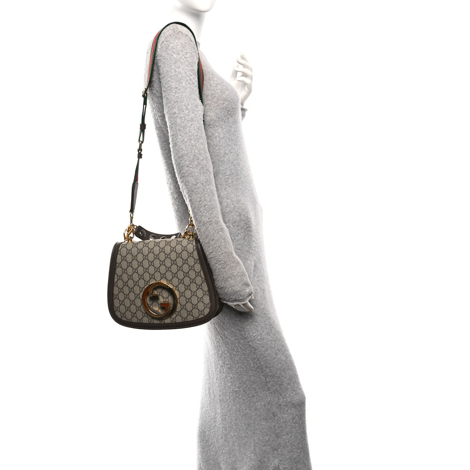 Gucci GG Supreme Monogram Textured Dollar Calfskin Web Medium Blondie Shoulder Flap Bag Beige Ebony New Acero