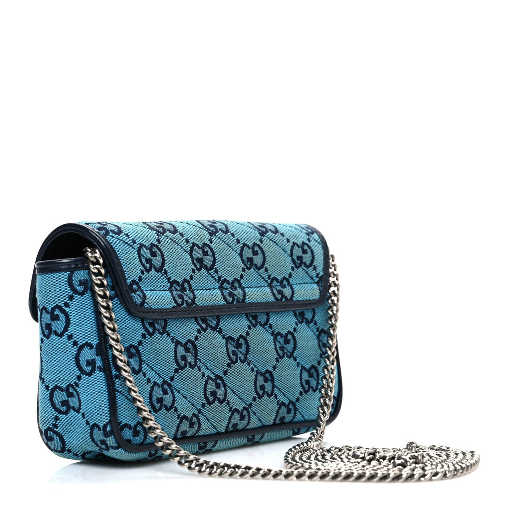 Gucci Monogram Multicolor Matelasse Diagonal Super Mini GG Marmont Shoulder Bag Light Blue
