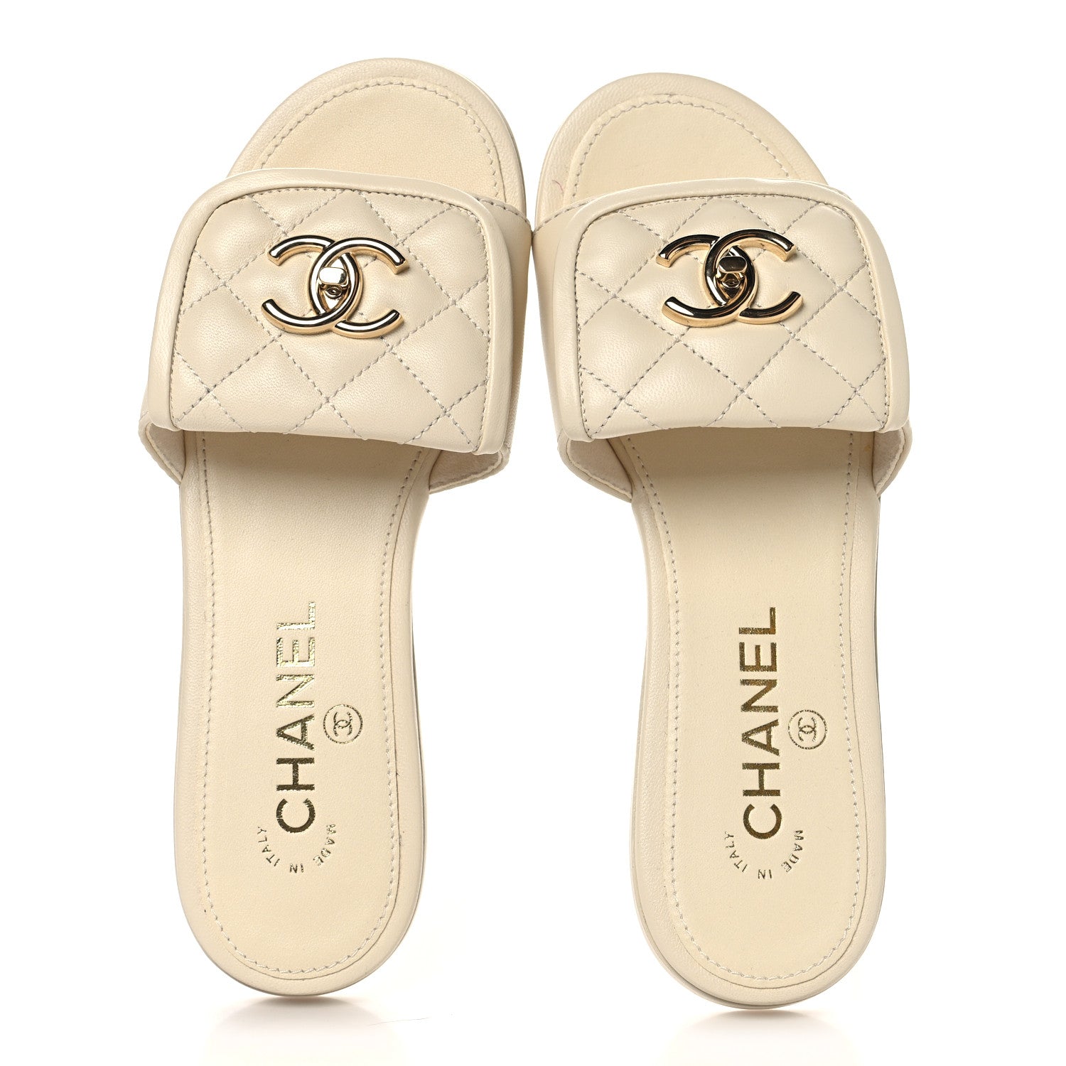 Lambskin Quilted Turnlock Flat Mules 35.5 Ivory