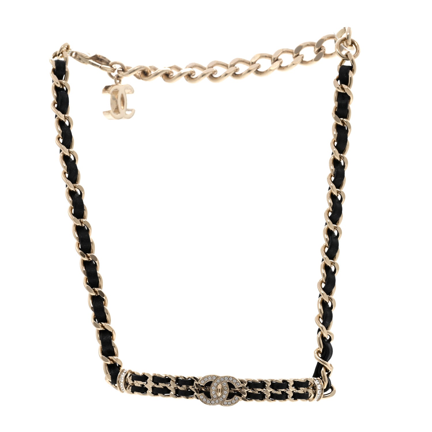 Metal Lambskin Crystal CC Choker Necklace Black Gold
