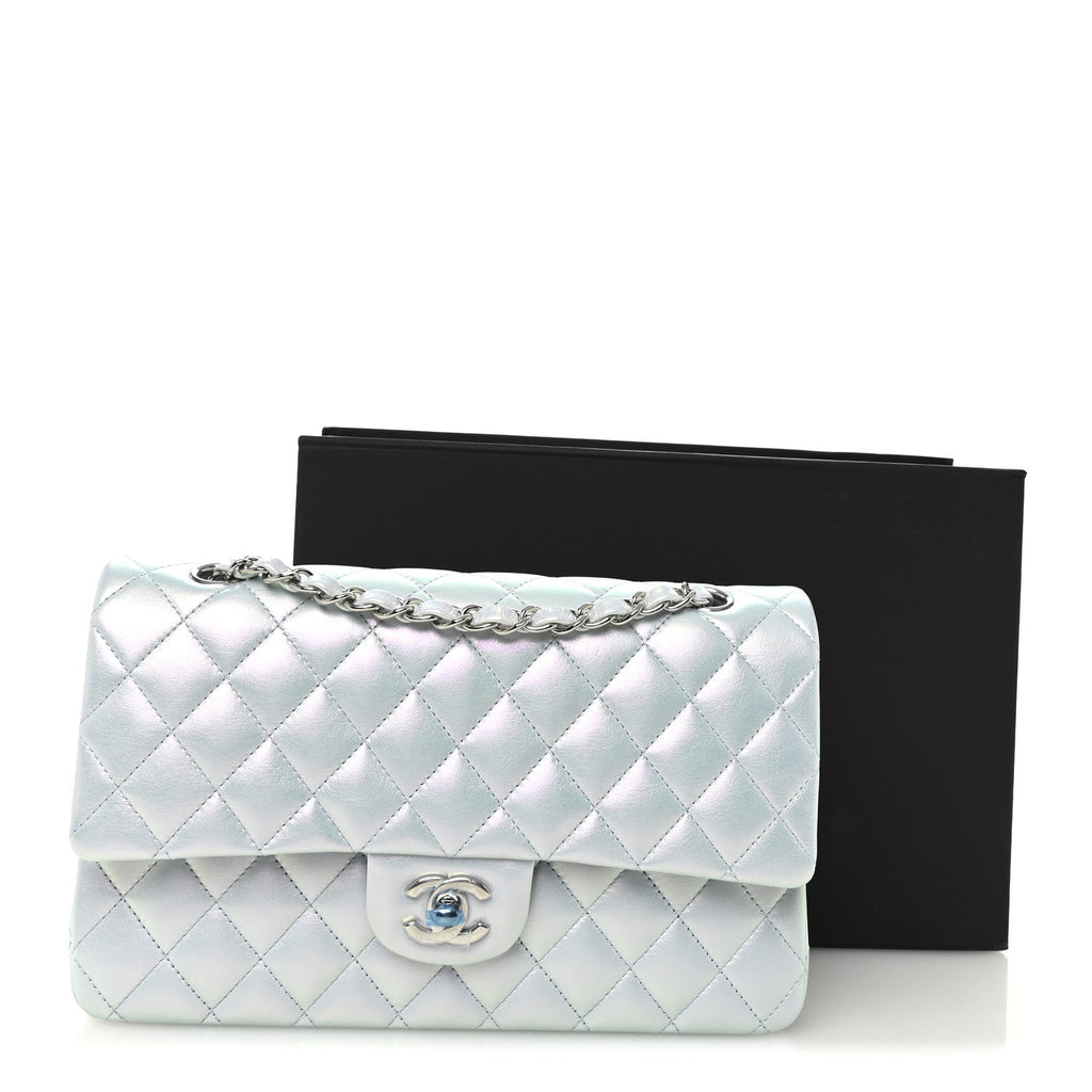 Chanel Iridescent Calfskin Quilted Medium Double Flap Light Blue