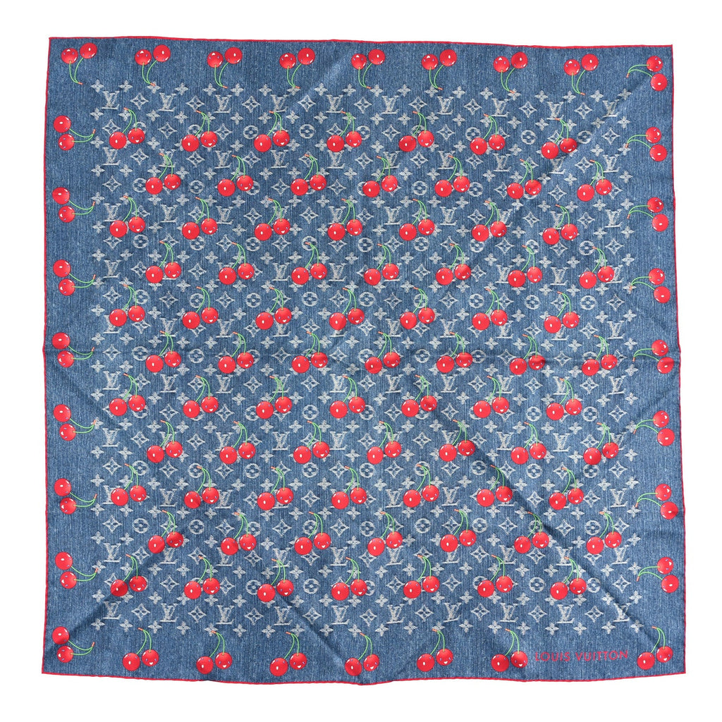 Louis Vuitton LV X TM Silk Monogram Cerises Square Scarf 90 Denim Blue