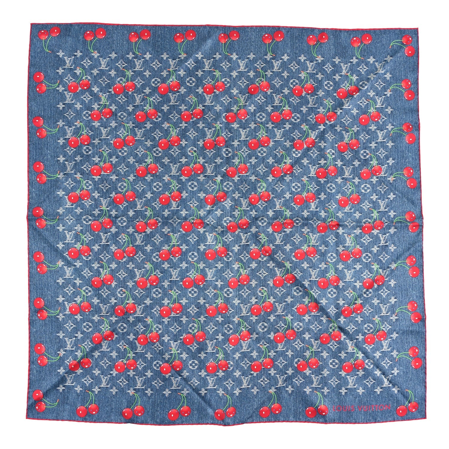 Louis Vuitton LV X TM Silk Monogram Cerises Square Scarf 90 Denim Blue