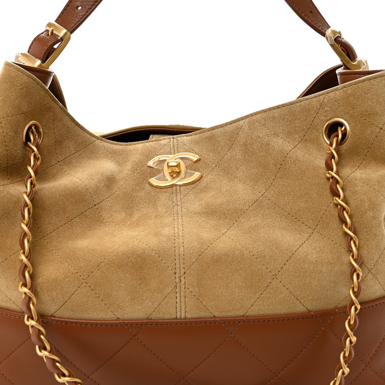 Chanel Suede Calfskin Shiny Lambskin Quilted Small Coco Base Shopping Bag Beige Brown