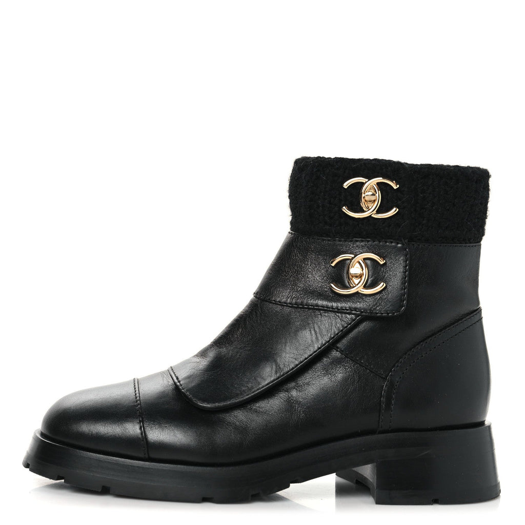 Calfskin Knit CC Short Boots 41 Black