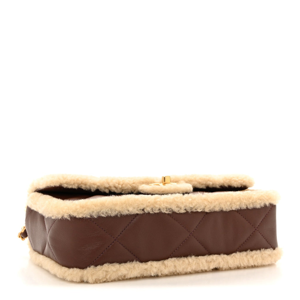 Chanel Shearling Lambskin Quilted Furry Coco Flap Dark Brown Beige