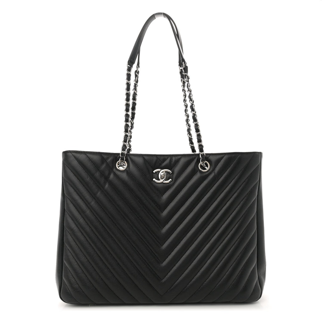 Chanel Caviar Chevron Quilted Large Shopping Tote Tote Black