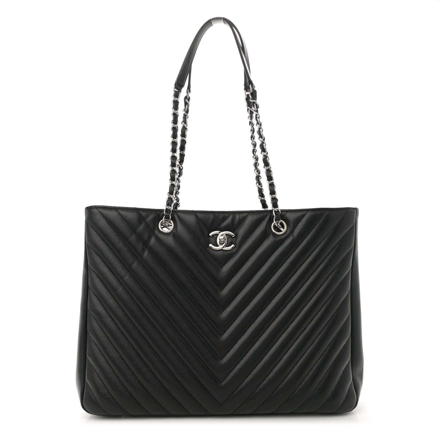 Chanel Caviar Chevron Quilted Large Shopping Tote Tote Black
