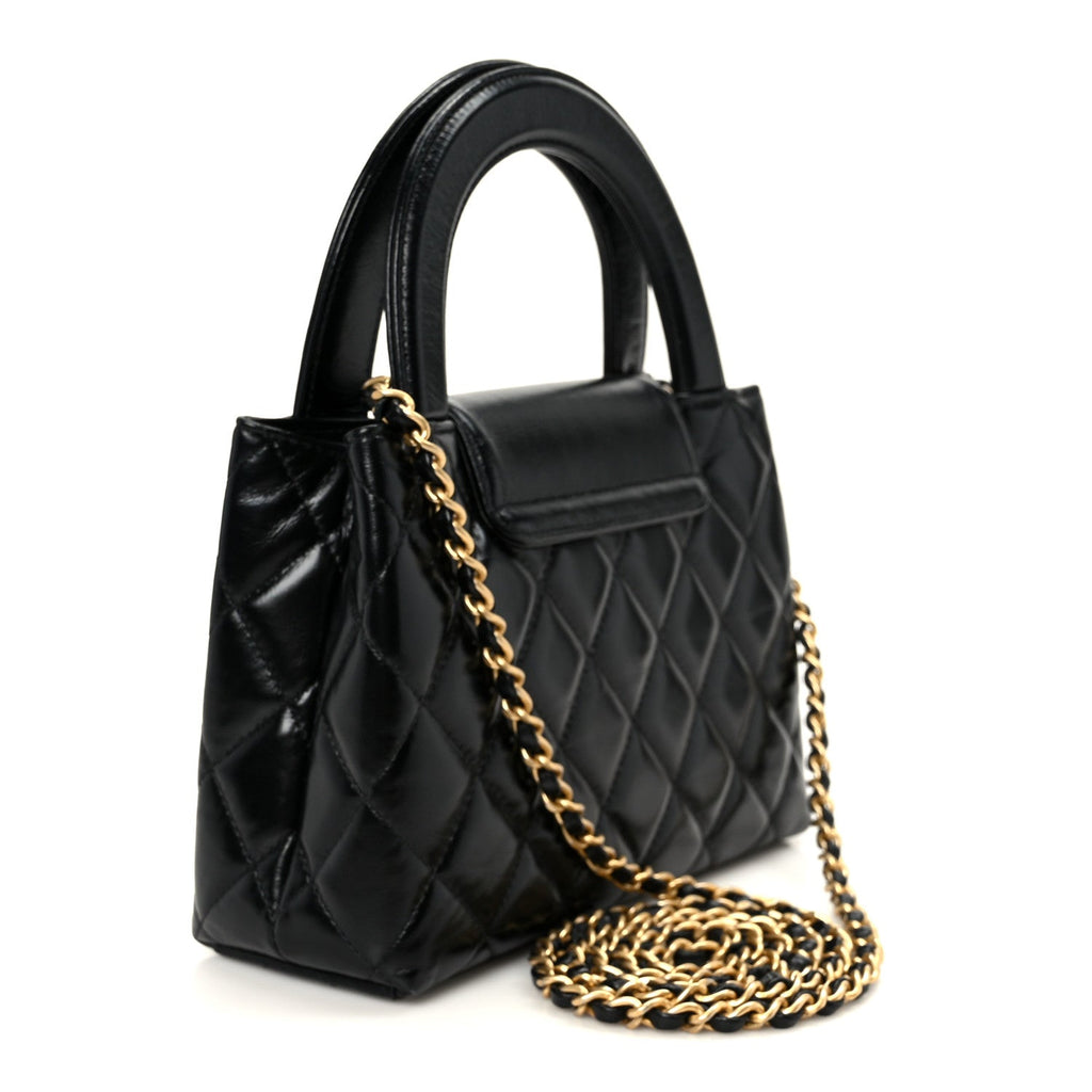 Chanel Shiny Aged Calfskin Quilted Nano Kelly Shopper Black