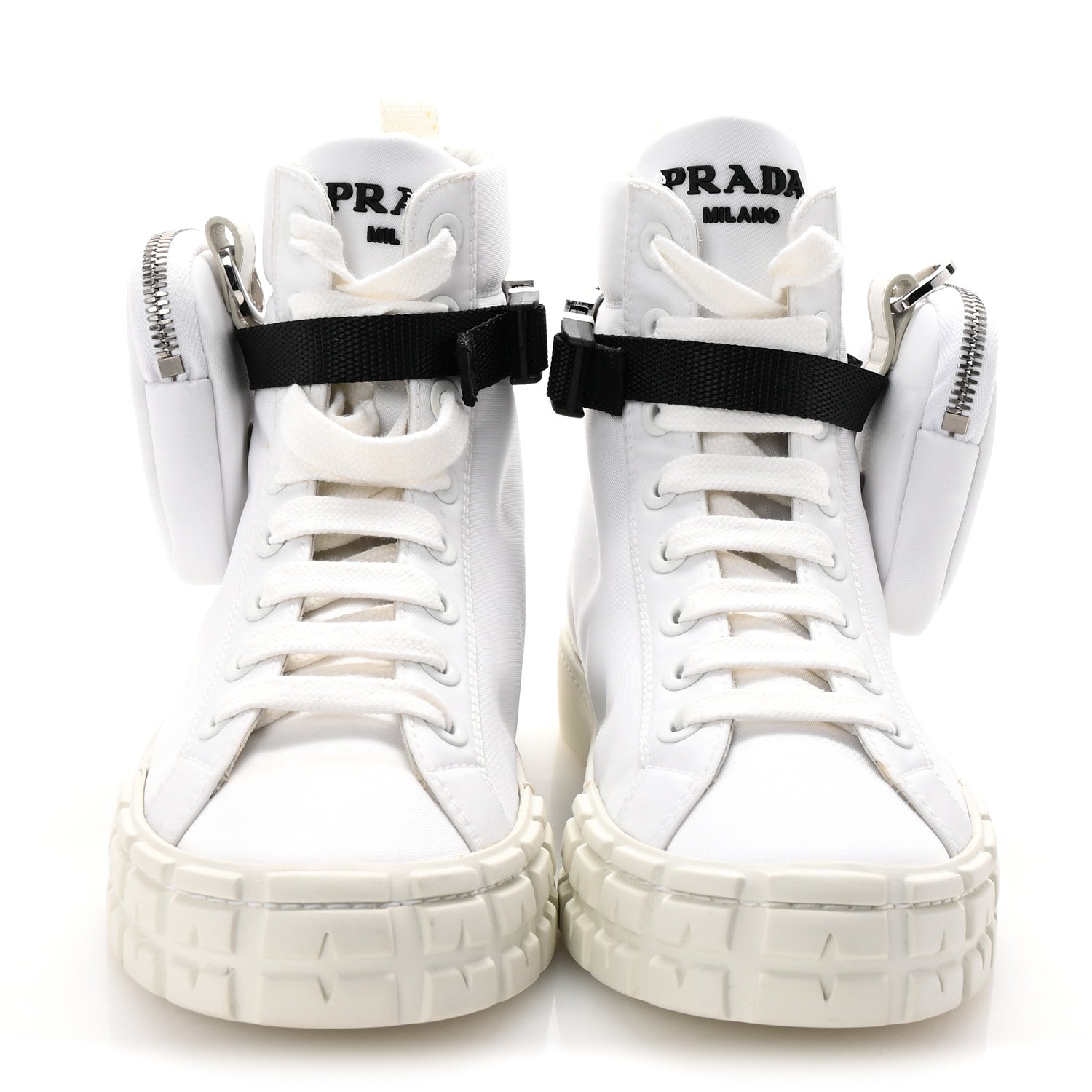 Prada Re-Nylon Gabardine Metal Triangle Logo Wheel Pouch Pocket High Top Sneakers 36 White