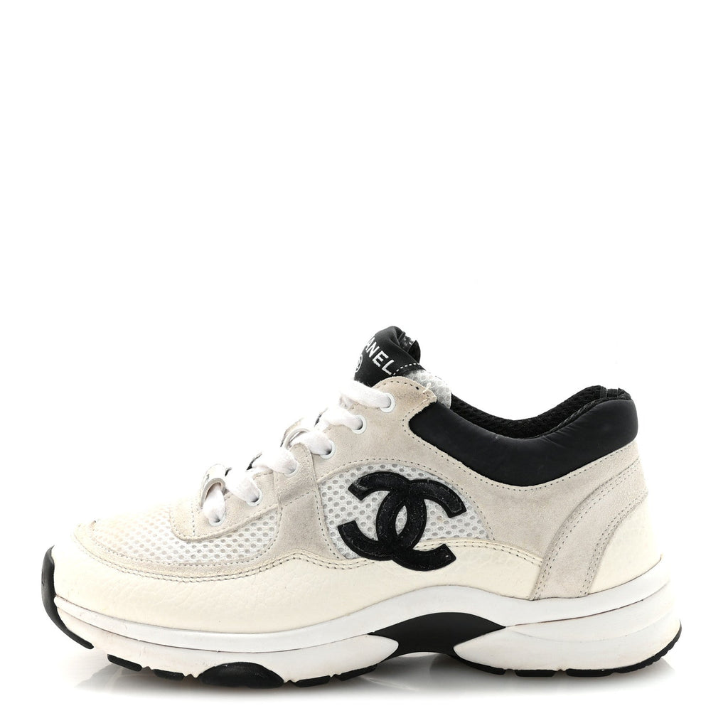 Mesh Suede Calfskin Grained Calfskin Womens CC Sneakers 36 White Black